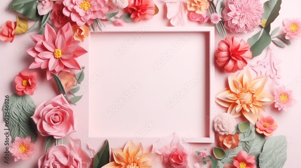 Flowers frame. Spring wreath made of colorful flowers and leaves. Generative ai. Flowers frame. Spring wreath made of colorful flowers and leaves. Generative ai.