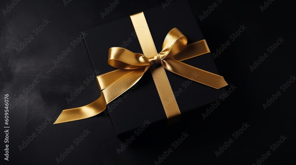Gift box with decorations gold confetti on black. Generative ai. Gift box with decorations gold confetti on black. Generative ai.