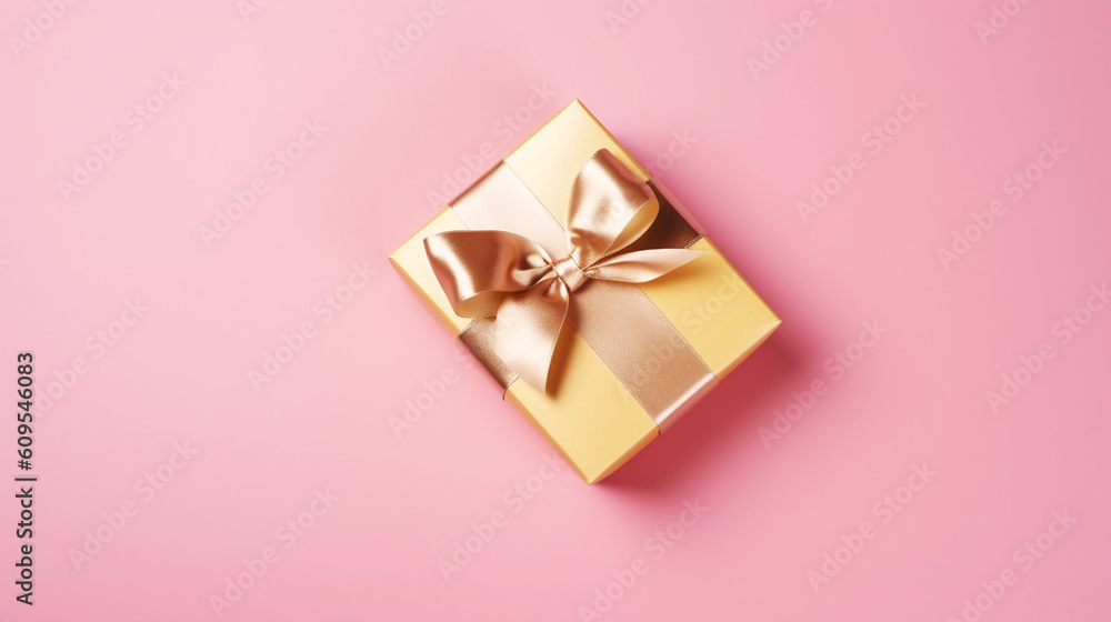 Holiday pink background with gift, gold satin bow. Generative ai Holiday pink background with gift, gold satin bow. Generative ai