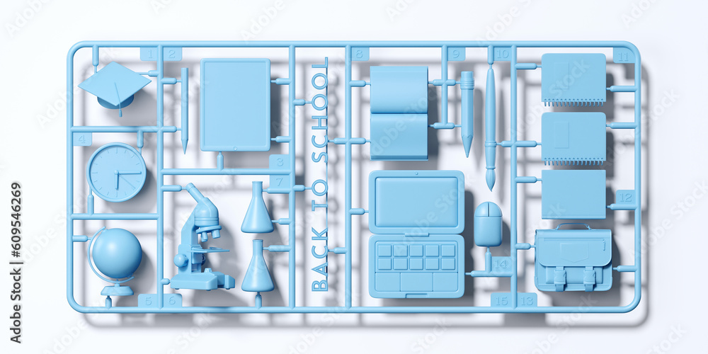 Minimal background for education concept. Blue plastic model kit of back to school element on white background. 3d rendering illustration. Object isolate clipping path included. Minimal background for education concept. Blue plastic model kit of back to school element on white background. 3d rendering illustration. Object isolate clipping path included.