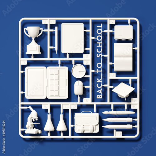 Minimal background for education concept. White plastic model kit of back to school element on blue background. 3d rendering illustration. Object isolate clipping path included.