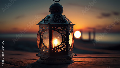 Arabic lantern, Ramadan kareem background. Generative AI