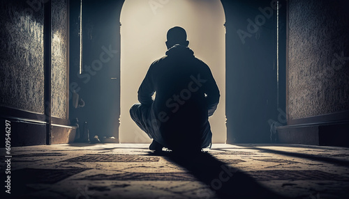 Silhouette of muslim man having worship and praying for fasting and Eid of Islam culture in old mosque. Generative AI © alexkich