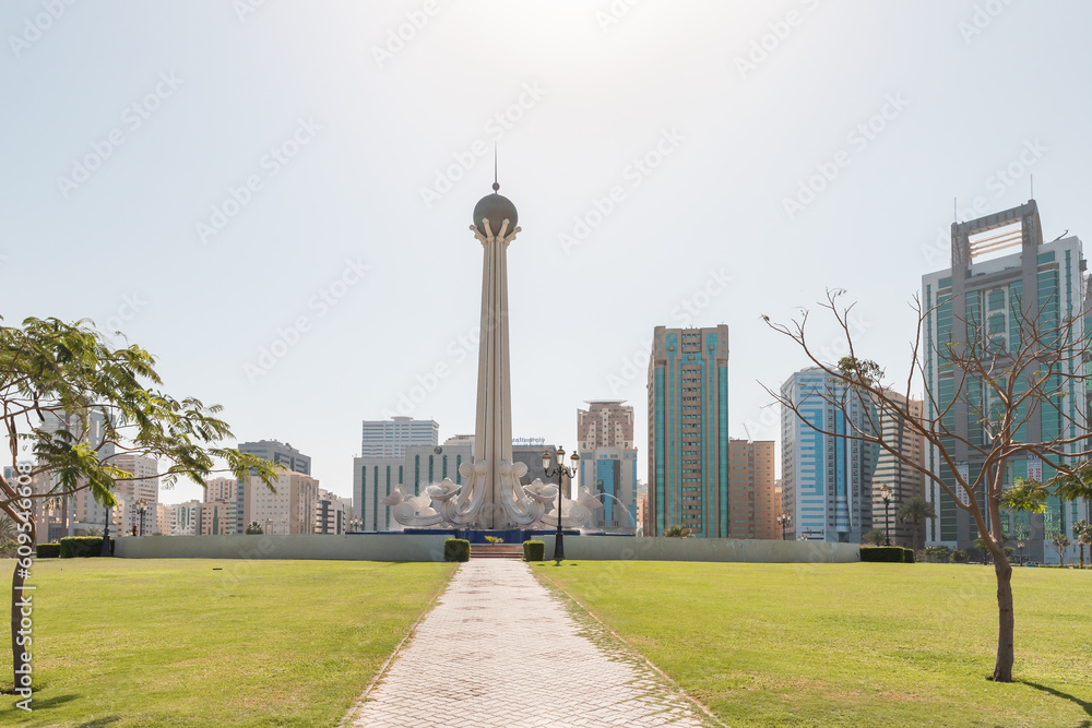 The Al Ittihad Monument at the Al Ittihad Park in Sharjah city, United Arab Emirates