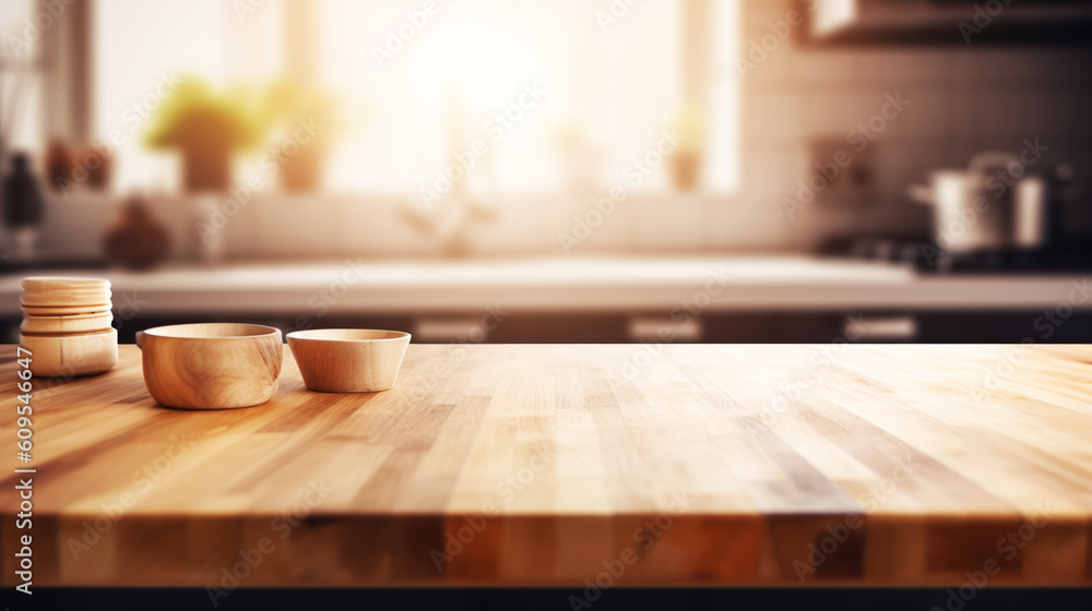 empty table board and defocused modern kitchen background. generative ai empty table board and defocused modern kitchen background. generative ai