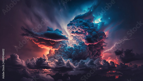 Stormy sky with dramatic clouds from an approaching thunderstorm at sunset. Generative AI