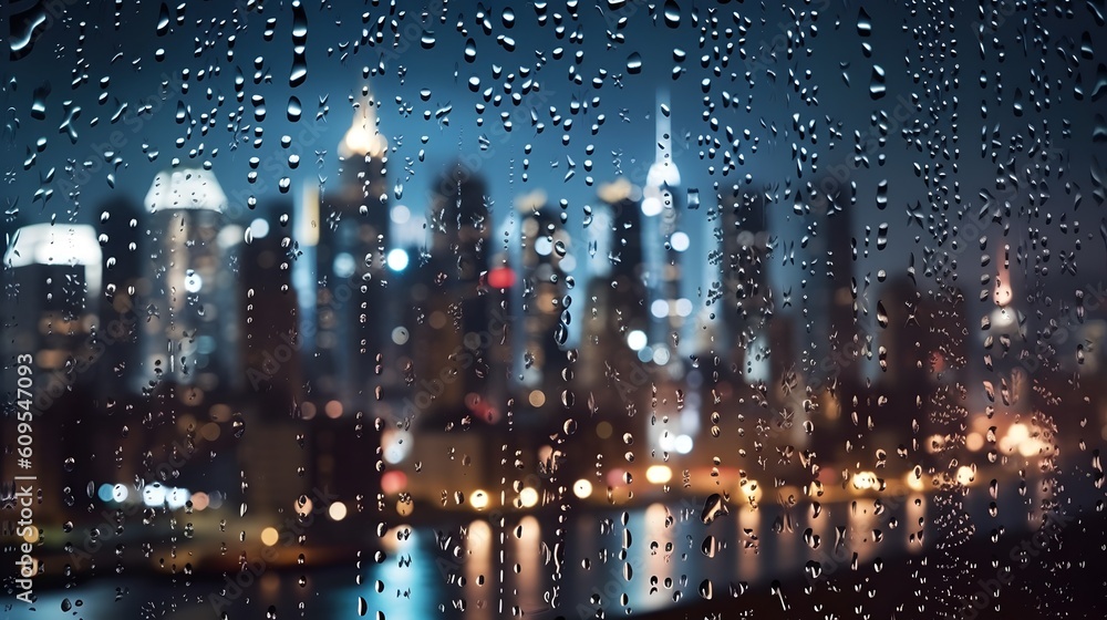 rain drops on a window with a city in the background, Generative AI