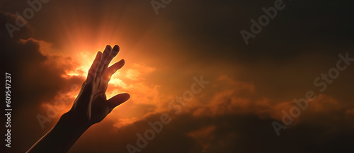 Christian religious concept. Silhouette Hands touching reaching for sunset with glow and ray of the sun. crucifixion pray, Biblical bible theme concept banner with copy text space 