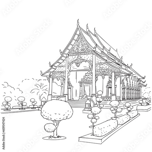 Temples in Thailand. Hand drawn. Vector outline stroke.