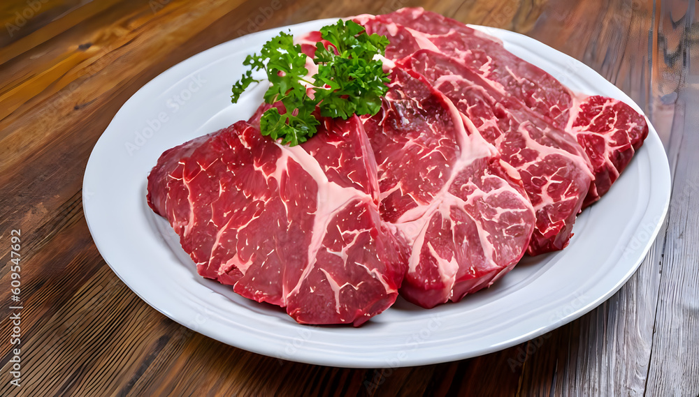 raw beef steak with vegetables, black Angus marbled meat, uncooked, barbecue, cooking, dinner, meal, butcher, veal, AI generated	