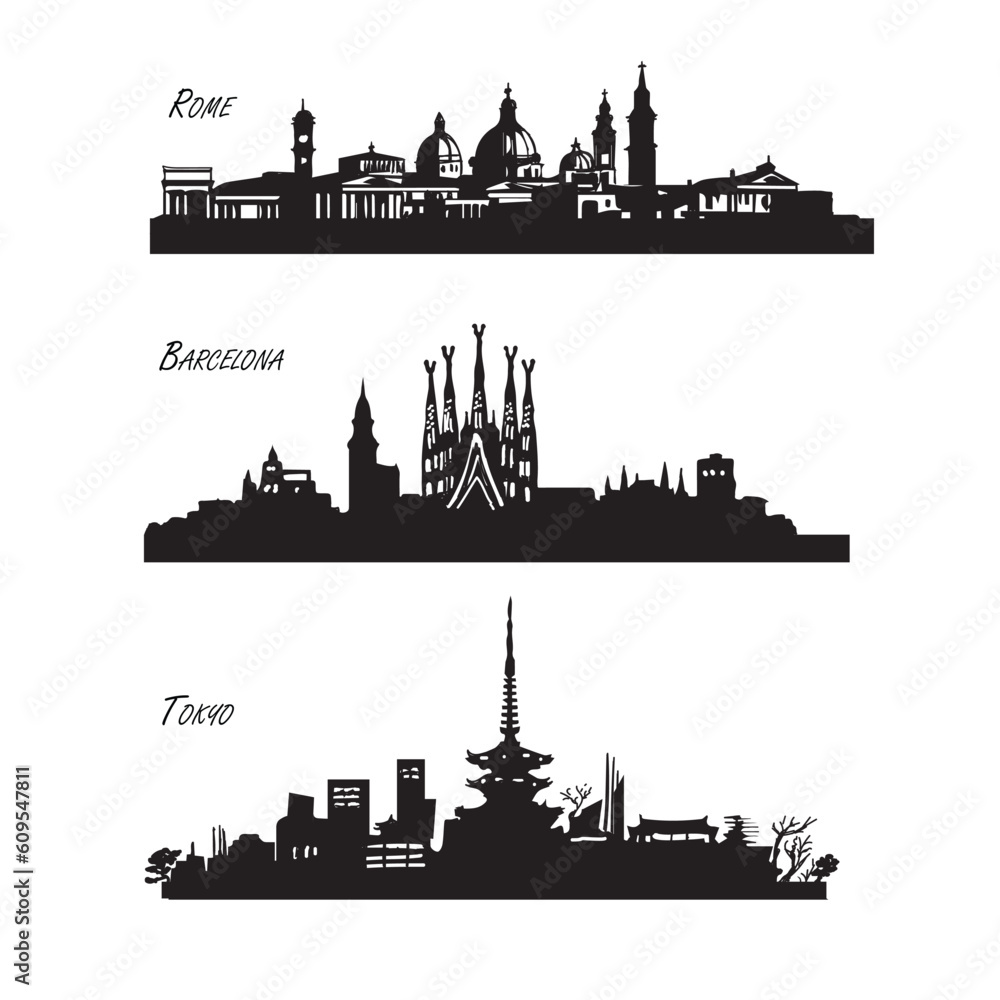 City skylines of Rome, Barcelona, and Tokyo. Italy, Spain, Japan