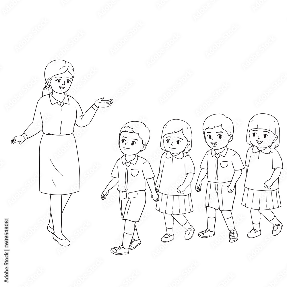 Cartoon Students line up following the teacher's lecture. Cartoon Students line up following the teacher's lecture.