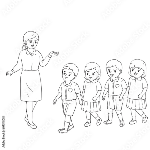Cartoon Students line up following the teacher's lecture.