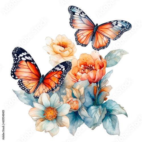 Butterflies with flowers, retro AI generative watercolor isolated illustration