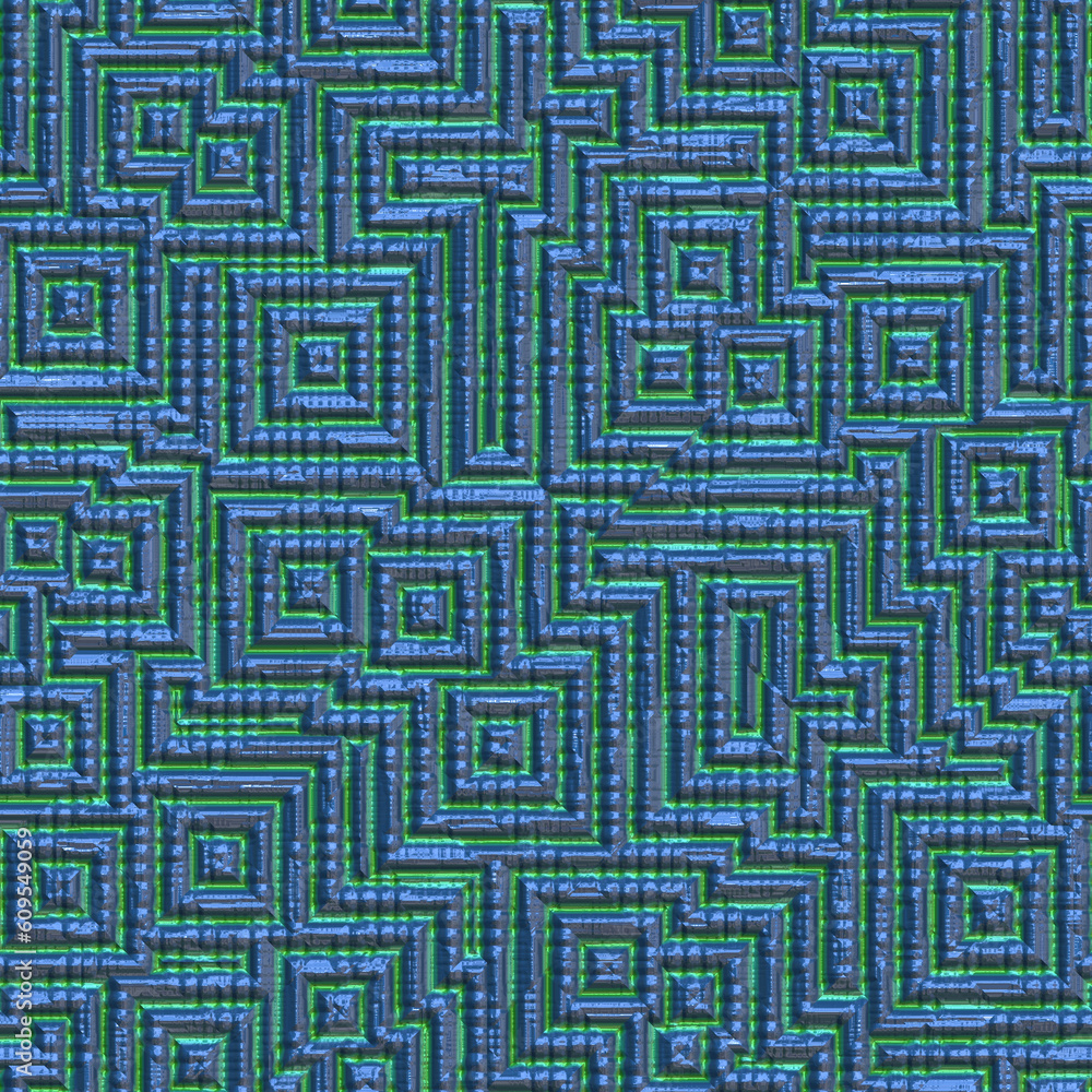 Turquoise teal brilliant foil glass metal lines, squares, labyrinth seamless backdrop.