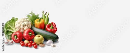 Ripe fresh vegetables and fruits on a white background. Harvest concept and healthy eating.Copy space for text.Banner.Generative AI