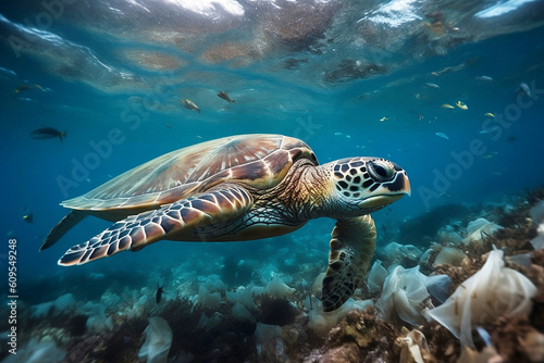 Turtle floating above plastic bags trash garbage. Plastic pollution in ocean environmental problem, poisoning the waters of sea. Global Protection problem. Marine environment pollution. Generative AI