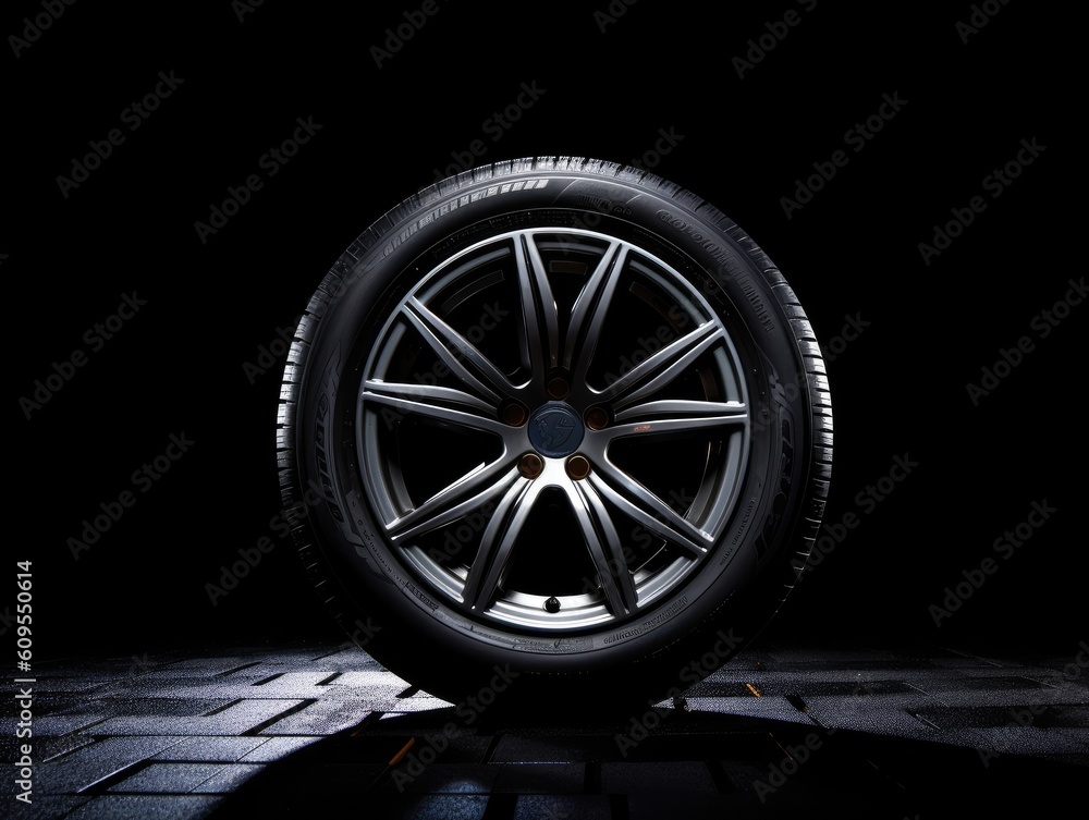 New car tires against dark background banner design. Auto parts. With copy space.
