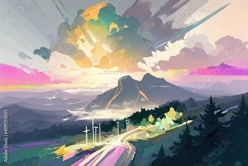 Art design of landscape painting in amazing mountain in the forest. Concept of lifestream colorful magical in beautiful village in natural background. Glorious generative AI. photo