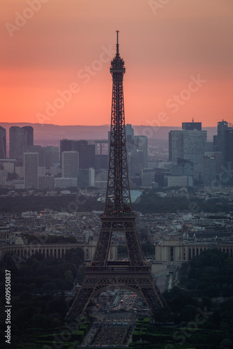Panoramic aerial view of Paris, Eiffel Tower and La Defense business district. Aerial view of Paris at sunset. Panoramic view of Paris skyline with Eiffel Tower and La Defense. Paris, France.