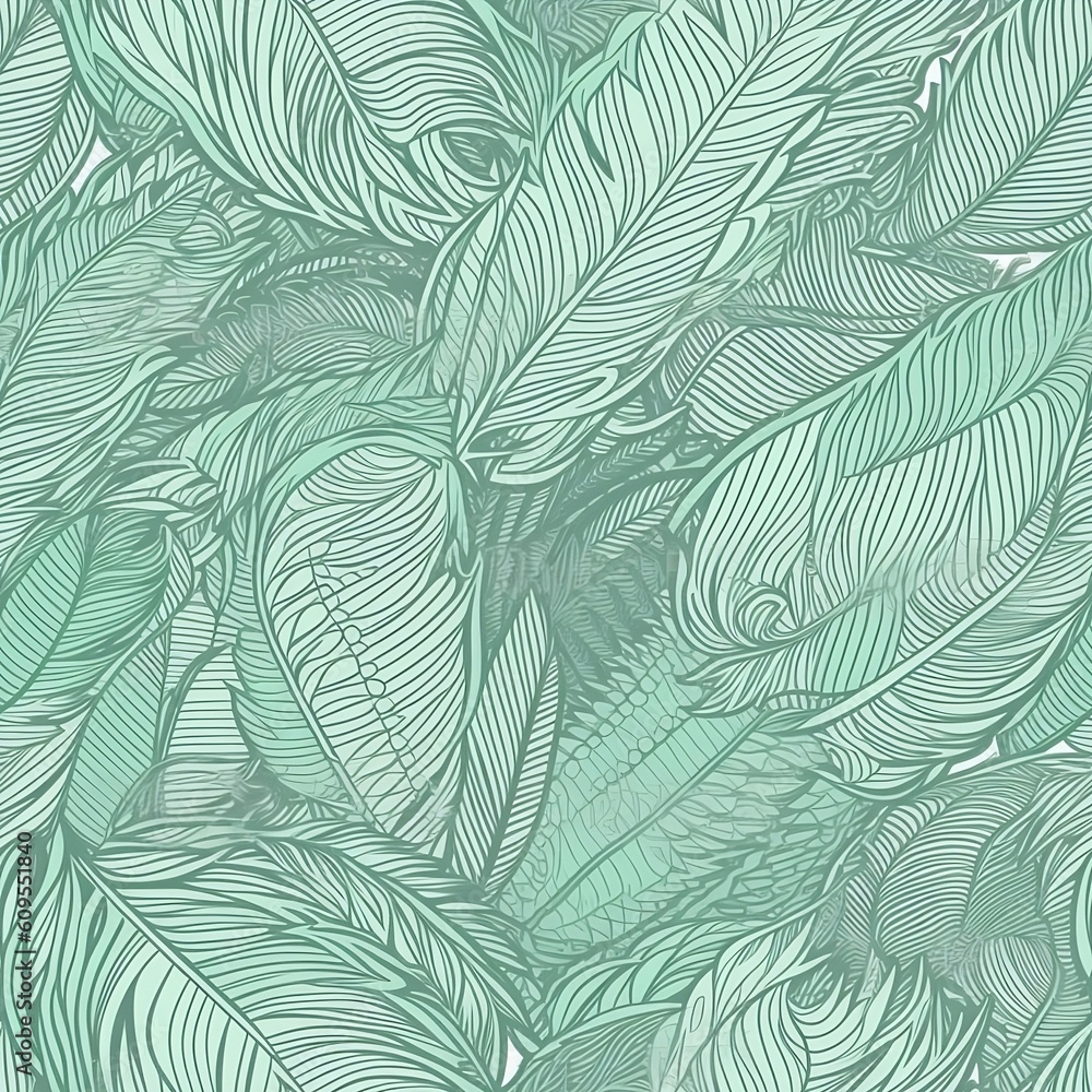 White and green feathers seamless pattern created with Generative AI technology
