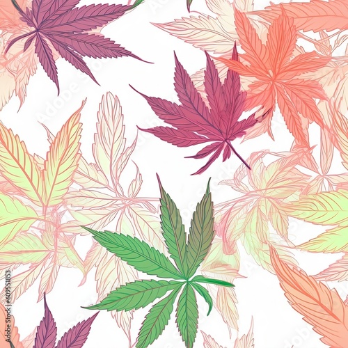 Colorful neon seamless pattern of hemp leaves on a white background created with Generative AI technology
