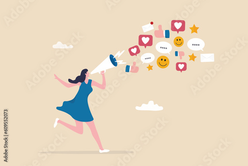 PR, public relation or marketing communication, advertising campaign or social media marketing, online promotion or email newsletter concept, young woman PR speak on megaphone on social media.
