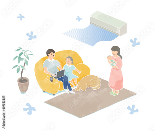 ベクターイラスト：エアコンをつけたリビングでくつろぐ家族（背景なし）