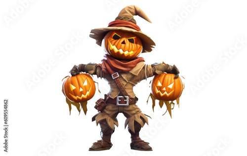 Tela Halloween pumpkin scarecrow on a white background with the moon on a scary night