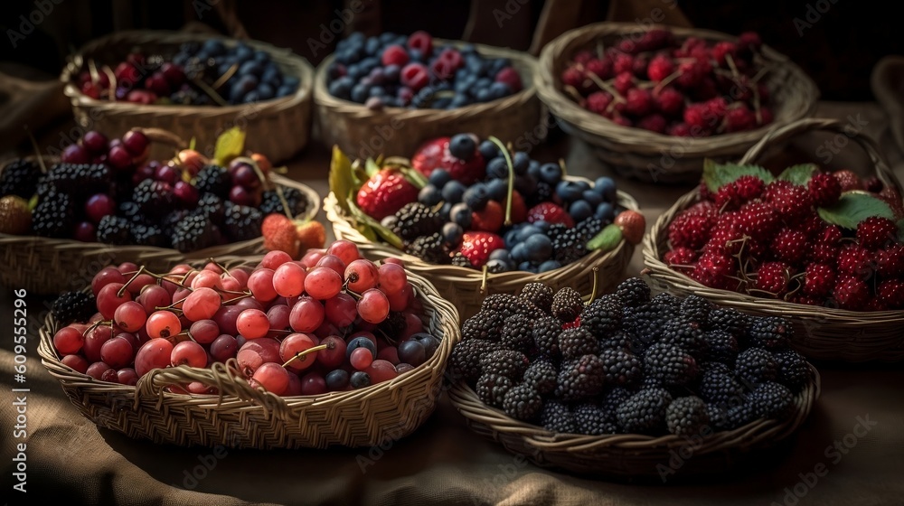 Garden, forest fruit in linen paper bags. Set of fresh blackberries, blueberries, strawberries in a dark arrangement. Organic harvest of small and sweet fruits. Food style photo. Generative AI. Garden, forest fruit in linen paper bags. Set of fresh blackberries, blueberries, strawberries in a dark arrangement. Organic harvest of small and sweet fruits. Food style photo. Generative AI.