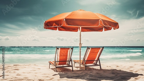Chaise lounge and umbrella on the beach. Generative AI