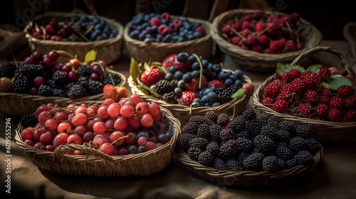 Garden, forest fruit in linen paper bags. Set of fresh blackberries, blueberries, strawberries in a dark arrangement. Organic harvest of small and sweet fruits. Food style photo. Generative AI.
