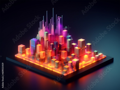 Isometric glowing smart city  Mini futuristic architecture concept  Big data visualization  Generative AI