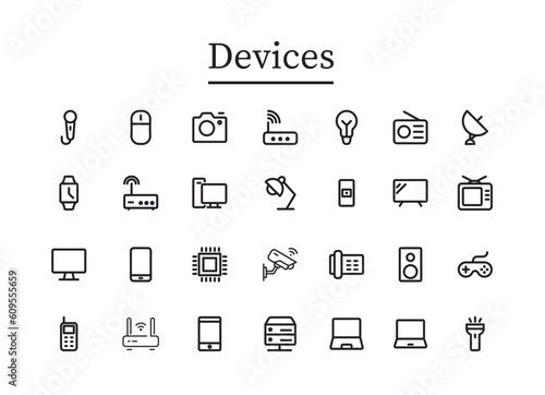 Devices and Electronics related line icons. Computers and mobile phones vector icon set. 