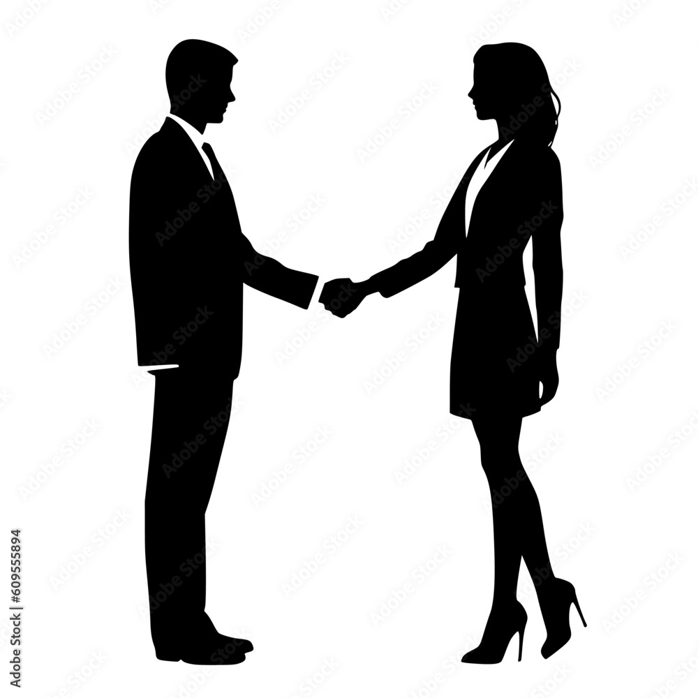 Silhouette of business women holding bags and business men shaking hands black color isolated on white vector illustration