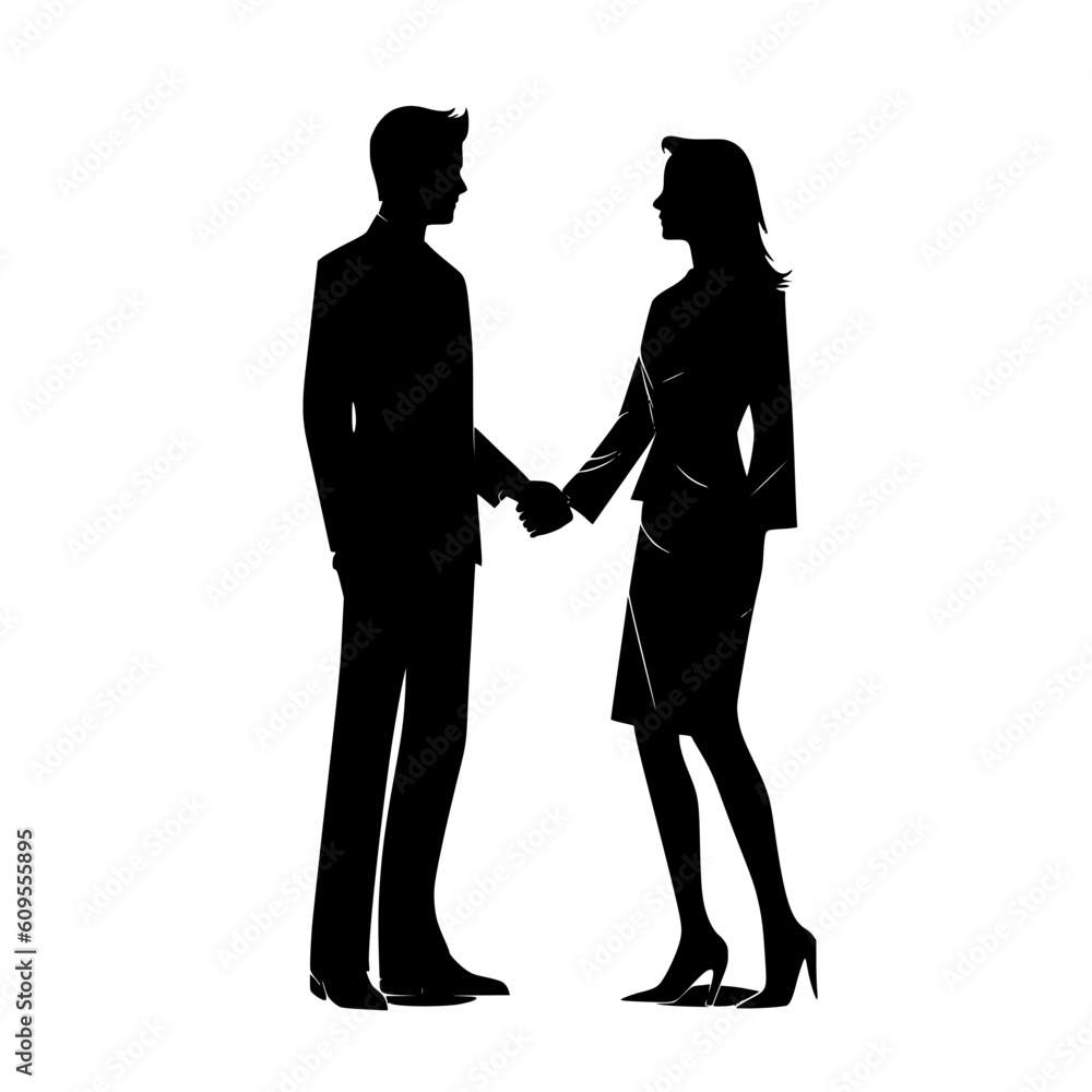 Silhouette of business women holding bags and business men shaking hands black color isolated on white vector illustration
