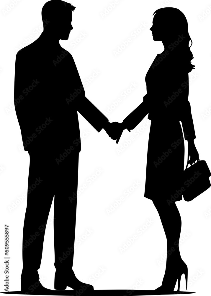 Silhouette of business women holding bags and business men shaking hands black color isolated on white vector illustration

