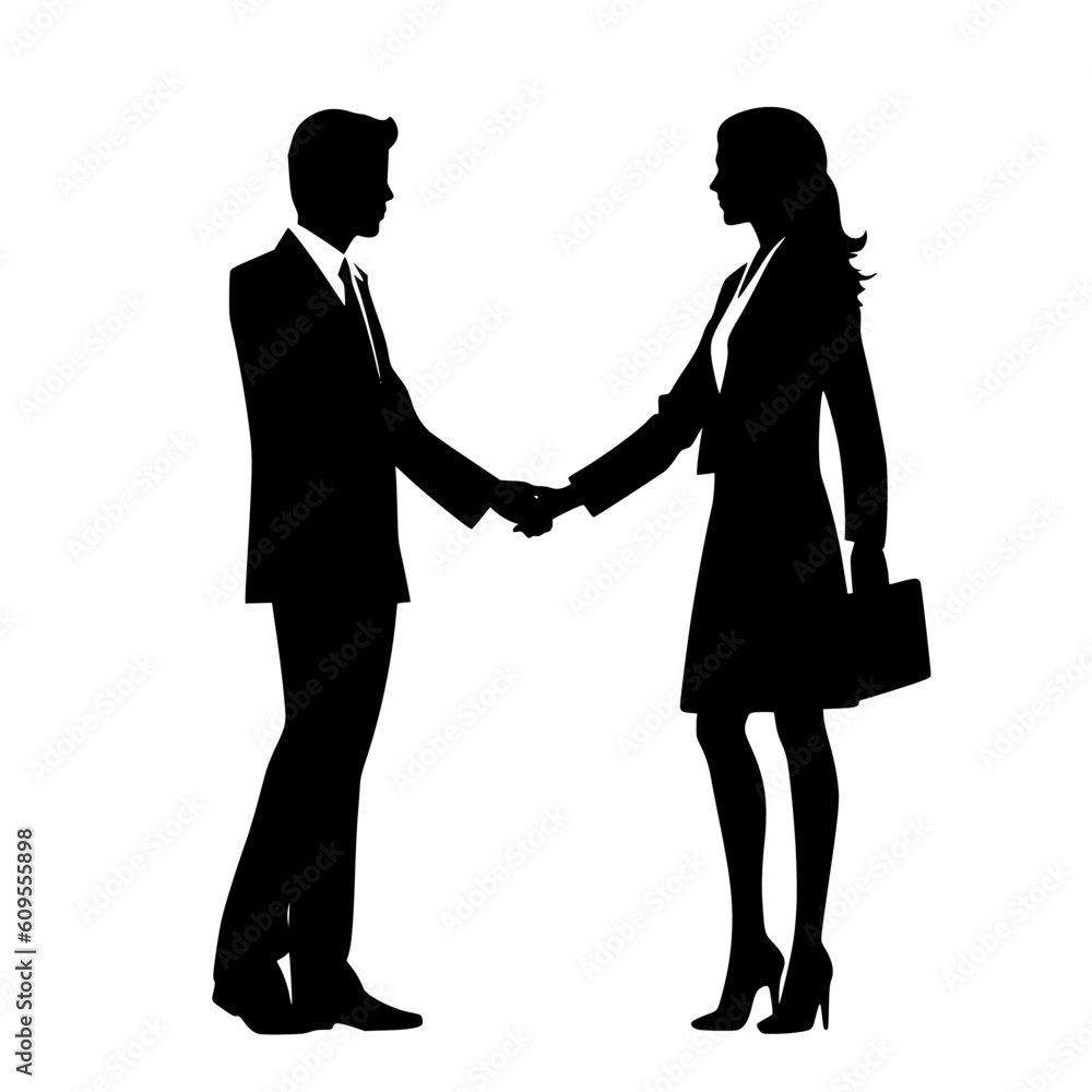 Silhouette of business women holding bags and business men shaking hands black color isolated on white vector illustration
