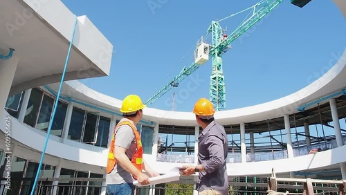 Two young structural engineer and architect dressed in orange work vests standing in front of mechanical crane working on the construction site.