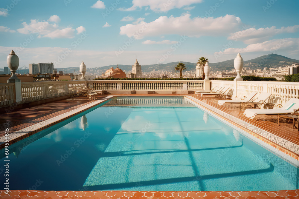 Ein schöner Pool auf einem Dach in einer Stadt wie Barcelona