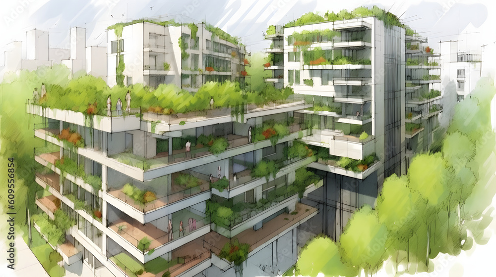 Sketch of a sustainable residential complex with green roofs, vertical gardens, and rainwater harvesting.