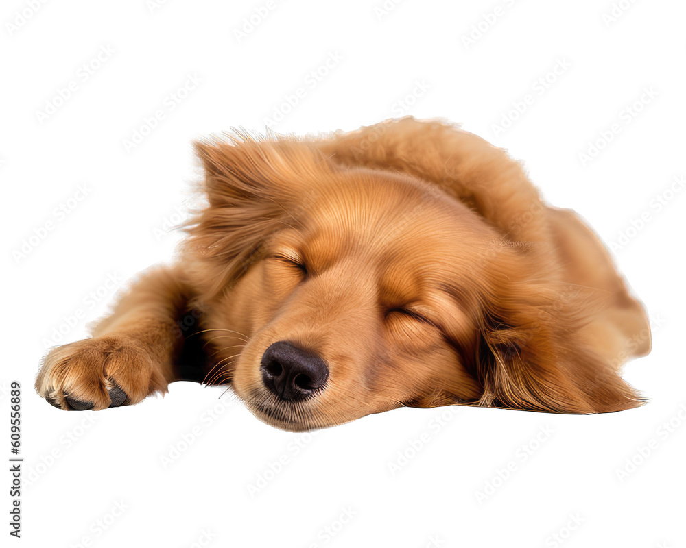 golden retriever puppy sleeping. happy young brown dog sleeping isolated on white background