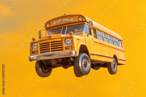 School Bus on Yellow Background, Back to School Concept. Created with Ai