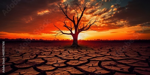 Silhouette of Dead Tree on Cracked Soil Sunset background, Global Warming Concept. Generative Ai