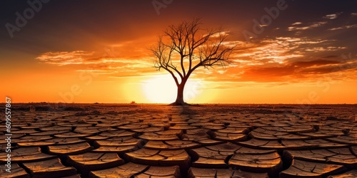 Silhouette of Dead Tree on Cracked Soil Sunset background, Global Warming Concept. Generative Ai © CYBERUSS