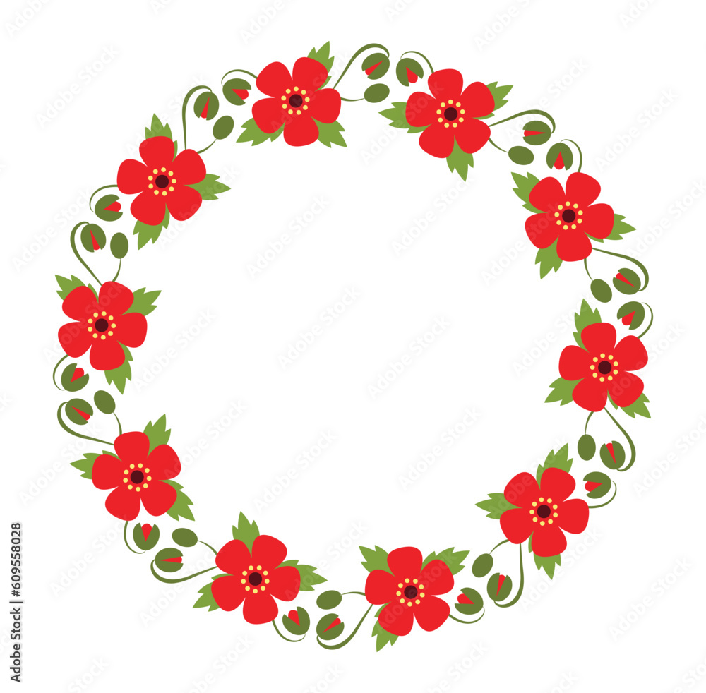 Red flowers floral wreath. Vector frame with poppies in the shape of a circle. Red flowers floral wreath. Vector frame with poppies in the shape of a circle.