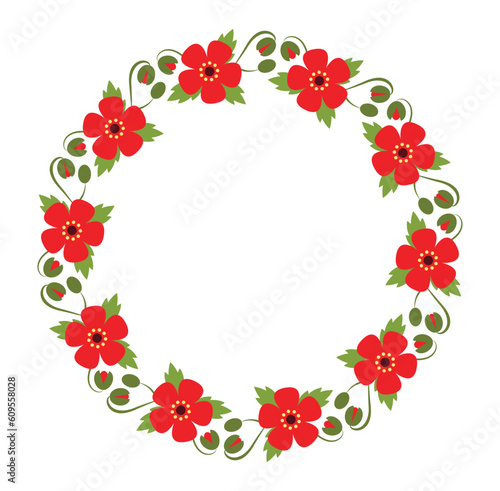 Red flowers floral wreath. Vector frame with poppies in the shape of a circle. 