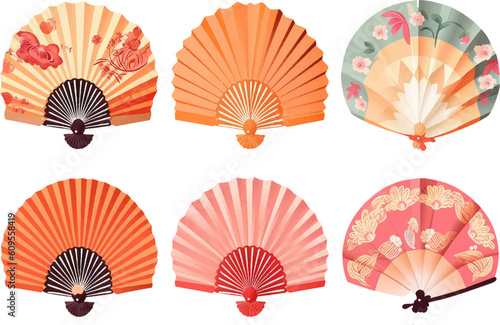 set vector illustration of oriental fan chinese  decoration japanese souvenir isolated on white background