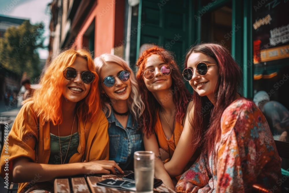 Four young beautiful women relaxing in outdoor cafe at summer. Generative ai Four young beautiful women relaxing in outdoor cafe at summer. Generative ai