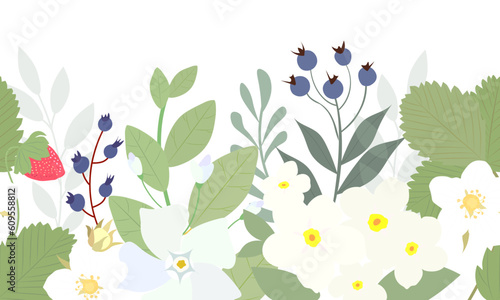 Seamless border with garden flowers and berries isolated on a white background